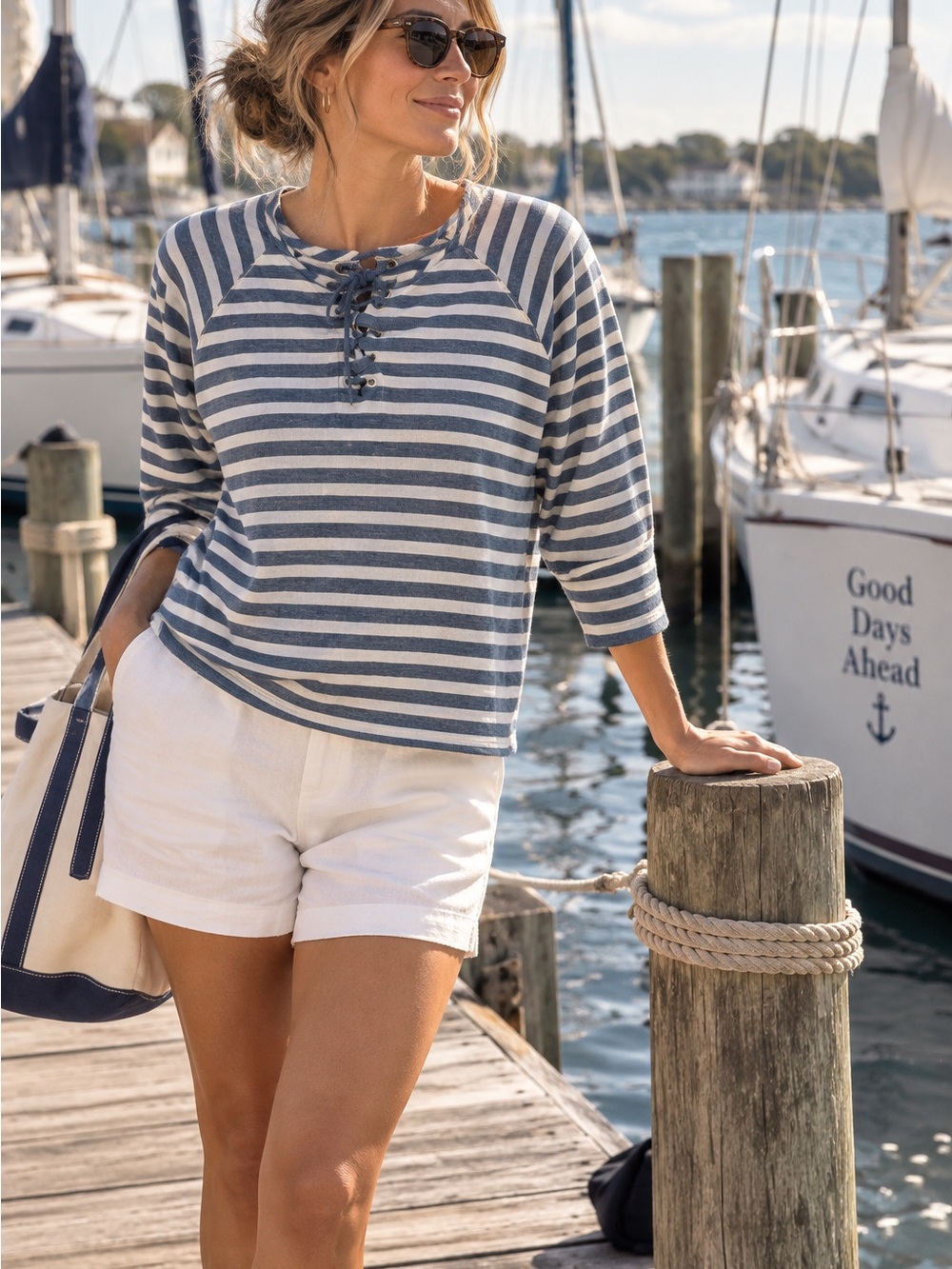 Chaps Blue & White Striped Lace-Up Raglan Top #1125CL